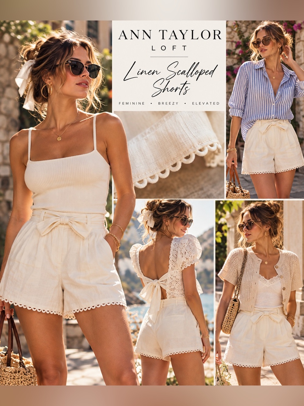 2069 Ann Taylor Loft Ivory Linen Scalloped Shorts